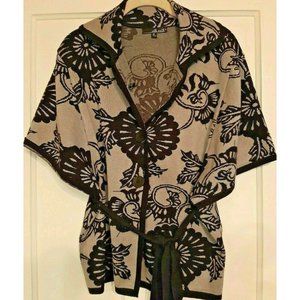 Cardigan Sweater Coat Size Medium Willi Smith Gray Black Floral Tie Belt